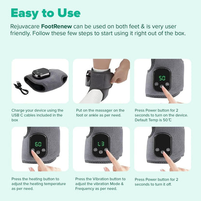 Footrenew Triple Method Massager – the Official - Electric Foot and Ankle Massager Heated Wrap with 3 Vibration Modes and 5 Heat Levels - Cordless Portable Design (1-Piece, 1, Count)