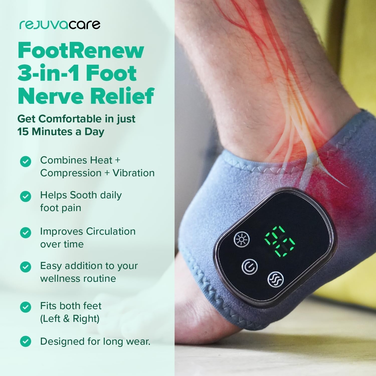 Footrenew Triple Method Massager – the Official - Electric Foot and Ankle Massager Heated Wrap with 3 Vibration Modes and 5 Heat Levels - Cordless Portable Design (1-Piece, 1, Count)